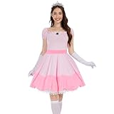 Aragallant Prinzessin Kostüm Damen, Peach Prinzessin Kleid Rosa mit Krone Handschuhe Strümpfe, Kleidverkleiden Abendkleid, Faschingskostüme für Verkleidung Cosplay Rollenspiel Party