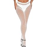 Bohend Strass Fischnetz Strumpfhose Strümpfe M/L Funkeln Netzstrümpfe Dehnbar Hoch tailliert Nachtclub Strumpfhose Party Strumpf zum Frauen und Mädchen(Weiß)