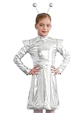 Jowowha Mädchen Alien Kleid Langarm Space Girl Kleid Metallic Kleid mit Haarreif Weltall Astronaut Kostüm Karneval Fasching Show Tanzkleid Silber 122-128