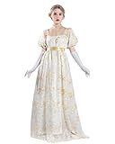 FCCAM Goldene Regency Kleider für Frauen 1800er Vintage Kleid Viktorianisches Ballkleid mit Handschuhen XXL
