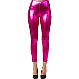 dressforfun 901008 Damen Metallic Leggings, glänzende Hose mit hoher Taille, Shiny Leggings im Wet Look für Party Tanz Disco Kostüm Fasching Karneval - Diverse Größen - (M | pink | Nr. 303613)