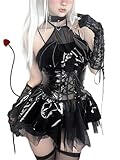 AYAZER Devil Girl PU-Lederanzug für Damen, Succubus, Cosplay, Dessous-Kostüme, Neckholder, durchsichtiger Spitzenrock, sexy Pyjama, Dienstmädchenuniform, Schwarz, M
