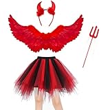 Winwild 4 Stück Engel Kostüm Damen Set 80CM Engelsflügel Rot Erwachsenes Engel Teufel Feen Kostüm Tüllrock mit Teufelshörner Zauberstab für Karneval Halloween Cosplay Fasching Verkleidung