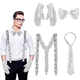 4 Stück Glitzer Kostüm Accessoires Herren, Silvester Kostüm Zubehör Pailletten Outfit Herren, mit Hosenträger, Fliege, krawatte, Handschuhe, für Neujahr Karneval Hip-Hop Dance Mottoparty (Silber)