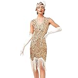 FYMNSI Damen 1920er Jahre V-Ausschnitt Pailletten Fransen Kleid Flapper Charleston Kleider Cocktailkleid Partykleid Gatsby Pailletten Quasten Abendkleid 20er Jahre Kost?m Abschlussballkleid Gold S