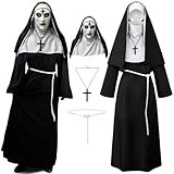 FHzytg Halloween Nonne Kostüm Damen, Scary Nonne Outfit mit The Nun Horror Maske Kreuz Halskette Gürtel, Halloween Nonne Kostüm Nonne Maske, Cosplay, Kirchen. (L)
