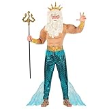 PARTY DISCOUNT NEU Herren-Kostüm Poseidon/Wassermann, Muskelshirt mit Hose, Gürtel, Armschmuck und Krone, Gr. L