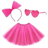 3 Stück Karneval Kostüm Damen mit Karneval Tüllrock Damen,Schleife Haarreif, Fasching Herzbrille, Karneval Kostüm Mädchen, für Frauen Mädchen Cosplay Halloween Karneval Kostüm Zubehör (Rosenrot)