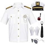 Kapitän Hemd, Kapitän Kostüm Kapitän Matrose Kostüm mit Marine Hut, Pfeife, Sonnenbrille, Krawatte, Gold Anker Pin, Handschuhe Fancy Dress Kostüme für Männer