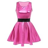 Damen Metallic ?rmellos Minikleid Holografisch Partykleid Gl?nzend Skater Festkleid Festival Rave Outfits Alien Kost?m Halloween Fasching Karneval Cosplay Roundhals Tanzkleid Clubwear Rose M