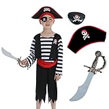 Rabtero Kinder Piraten verkleiden sich, Jungen Piraten Kostüm mit Piraten Hut, Augenklappe, Piraten Cutlass für Kinder 3-4 Jahre