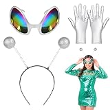 Ainiv Alien Stirnband und Brille Handschuhe, Party Head Boppers Stirnband Außerirdische Brille Silberne Handschuhe, Geeignet Als Foto-Requisiten Und Atmosphären-Requisiten für Erwachsene und Kinder