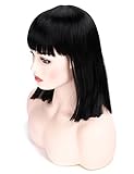 Morvally 35,6 cm kurze gerade Bob Wig Heat Resistant Hair with Flat Bangs Natural Looking Cosplay Costume Daily Wigs (Natural Black)