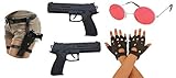 CA SE FETE Sexy Damen-Kostüm I Cosplay Zubehör I 2 x Pistolen 21 cm I schwarze Handschuhe I Sonnenbrille rot I Holstergürtel doppelte Oberschenkel I Set 6 Stück