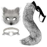 hbbhml Pelzige Katze Fuchs Maske Wolf Schwanz Karneval Halloween Party Cosplay Kostüm Leder Hals Choker Zubehör Set für Kinder Erwachsene