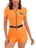MSemis Damen Sträfling Kostüm Sexy Orange Overalls Jumpsuit mit Gürtel Sträflingskostüm Uniform Orange XXL