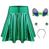 MIAHART Halloween-Alien-Stirnband und Metallic-Rock Ausgestellter Plissee-Skaterrock für Halloween-Zubehör-Dekorationen (Green, Large)