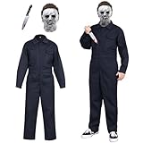 Blisscok Terror Myers Kostüm Karneval Kostüm Herren,3-teiliges Halloween Kostüm Gruselig Horror Killer Cosplay Kostüm mit Halloween Maske,Arbeitsoverall Herren für Halloween (Blau, L)
