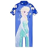 Disney Badeanzug Mädchen, Neoprenanzug Kurze Ärmel, Kurze Hose & Reißverschluss - Mädchen Geschenke (Blau ELSA, 3-4 Jahre)