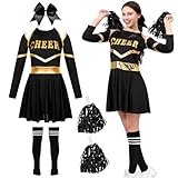 DUOLAM Cheerleader Kostüm Kinder Mädchen: Cheerleading Langarm Uniform Outfits, Cheer Leader Kleid mit Pompoms Socken für Karneval Halloween Faschingskostüme Dress Up Fasching Party Tanzkleid (150)