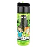 P:os 33171 - Trinkflasche für Kinder, ca. 540 ml, transparentes Design mit Minecraft Motiv und integriertem Strohhalm zum Hochklappen, aus Kunststoff, bpa- und phthalatfrei