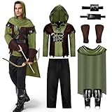 Joellfuner Robin Hood Kostüm Herren, Mittelalter Jäger Kostüm, Robin Hood Kostüm mit Pfeiltasche, Gürtel, Stiefelüberzüge, Handgelenkschoner, Bogenschütze Männer Outfit Set für Dress Up Party (L)