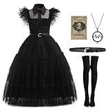 Mrsclaus Halloween Kostüm für Kinder Mädchen Kleid Schwarz Mittwoch Cosplay mit Strümpfe Halskette Skelettkopf Aufkleber Fasching Mottoparty Filmkostüm C039-160