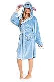 Disney Lilo & Stitch Bademantel Damen, Morgenmantel Damen Stitch, Fleece Bademantel mit Kapuze, Hausmantel Damen und Teens S-XL (M, Blau)
