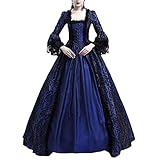 Damen Langarm Renaissance Mittelalter Kleid Viktorianischen Königin Kostüm Maxikleid Marine 3XL
