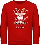 Sweater Kinder Sweatshirt Jungen Mädchen Pullover - Geschenke - Süßes Rentier mit Name Wunschtext I Geschenk Rentier Weihnachten I Rudolph Rentier Rudolf - 140 (9/11 Jahre) - Rot - rentierpulli