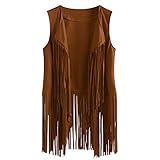 Battnot Hippie Kleidung Damen 60er 70er Jahre Faux Wildleder Cowboy Ärmellos Weste Cardigan Retro Hippie Fransenweste Mantel Fransen Hippieweste Boho Festival Bolero Karneval Faschingskostüme