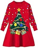AIDEAONE Weihnachten Kostüm für Mädchen Strickkleid X-Mas Weihnachtsbaum Pullover Kleid Rot,L