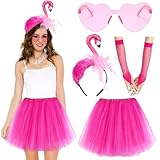 Flamingo Kostüm Damen mit Flamingo Haarreif Pinker Tüllrock Handschuhe Herzbrille Fasching Kostüm Flamingo Damen karneval Flamingo Kaarschmuck Kopfschmuck Flamingo Outfit Kleid Erwachsene Damen