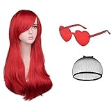 Aomig Lange lockige Haar Perücken für Frauen, Natürlich Synthetische Perücke mit Pony für Damen, Wavy Hitzebeständige Perücken mit Brille Haarnetz für Alltag/Party/Cosplay(Rot)