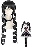 ydound Anime Coser Wig Anime Dangan Ronpa Celestia Ludenberg Cosplay Perücke Ludenbeck Black Roll Wigs + Perückenkappe aus hitzebeständigem Segeltuch