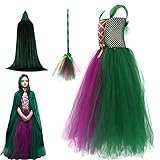 Gusengo Hocus Pocus Kostüm Für Kinder, Winifred Sanderson Schwestern Kostüm Cosplay Outfit Samt Tüll Partykleid Mit Hexenumhang Und Besen Dress Up Kostüm Für Mädchen Halloween Cosplay