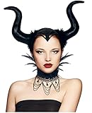 keland Goth Halloween Karneval Kopfschmuck Dämon Hörner Haarreif Stirnband mit Steampunk Feder Spitze Choker Halsband Halskette (Schwarz-002)