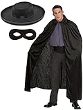 Zorro Bandit Spanischer Assassin Superhelden-Dieb, Kostüm-Zubehör-Set mit schwarzem Zorro-Filzhut + Augenmaske + Crushed Velvet Cape
