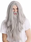 WIG ME UP - PW0210-ZA68E Perücke & Bart - Halloween - Karneval - lang glatt - grau Zauberer - Knecht Ruprecht - Prophet Alter - Biker