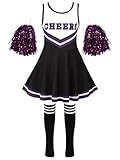 Jowowha Mädchen Cheer Leader Cheerleading Kostüm Schulmädchen Uniform Karneval Fasching Party Halloween Kostüm Kleid mit Pompoms Schwarz 146-152