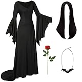 Addams Kostüm Damen Halloween Kostüm für Erwachsene Hexe Gothic Vintage Kleid Perücke Schwarz for Addams Family Fledermaus und Perücke Kappen Halskette Rote Rosen UX002M