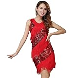 Baisdan Damen Pailletten Quaste Fransen Flapper Kleid 1920er Jahre Gatsby Party Cocktailkleid Latin Dance Rumba Ballsaal Salsa Samba Kostüme, rot, S