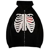 Tomwell Skelett Zip Up Hoodie für Damen Herren Goth Skelett Graphics Jacke Herbst Frühling Harajuku für Paare Sweatshirt Vintage Kordelzug Sweatjacke mit Kapuze Top A Schwarz M