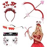 Hpbaggy 4er Set Amor Kostüm Damen,mit Glitzer Haarreif Herzbrille Amor Pfeil Und Bogen,Herz Gesichttattoos Für Valentinstag Karneval Halloween Party