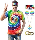 Mainfini Herren Kostüme Hippie Shirt Lustige 70er Jahre Outfits Bunte Bequeme Stirnband Halskette L