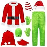 Suffolly Gr-nch Kostüm für Erwachsene Grünes Monster Kostüm Lustiges Kostüm 9 Stück Weihnachten Santa Kostüme Set Weihnachtsmannanzug Cosplay,L