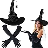 HSSPYY Karneval Hexenhut und Lange Handschuhe Set – Faltbarer Hexenhut mit Spinnenanhänger & 45cm Stretchhandschuhe – Kostümzubehör für Fasching, Party, Theater und Bar-Events