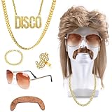 Funnity Vokuhila Perücke Herren Faschingskostüme Männer,70er 80er Jahre Perücke Herren, Outfit Herren Mit Goldkette, Sonnenbrille, Schnurrbart, Goldring,Männer Karneval Perücke Faschings Party