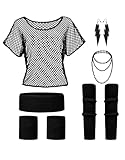 Clundoo 90er 80er Jahre Outfit Damen, Netzoberteil Damen Neon Kostüm, 80er Jahre Netzoberteil, 80erJahre Kleidung Damen 80iger Schlagerparty Bad Taste Outfit Frauen Neon Party (Schwarz)