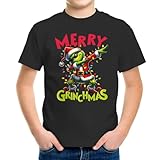 MoonWorks Kinder T-Shirt Weihnachten Merry Grinchmas Grinch Dab Weihnachtsmann Weihnachts-Shirt Mädchen Jungen schwarz 129-140 (9-10 Jahre)